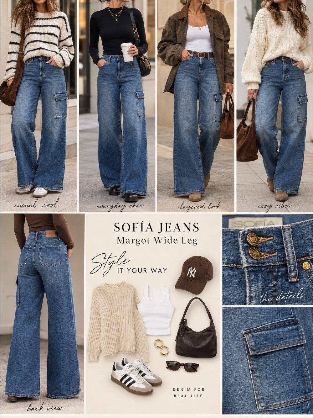 Sofia Jeans Margot Wide Leg Cargo Jeans Size 2 High Rise Y2K Medium Wash